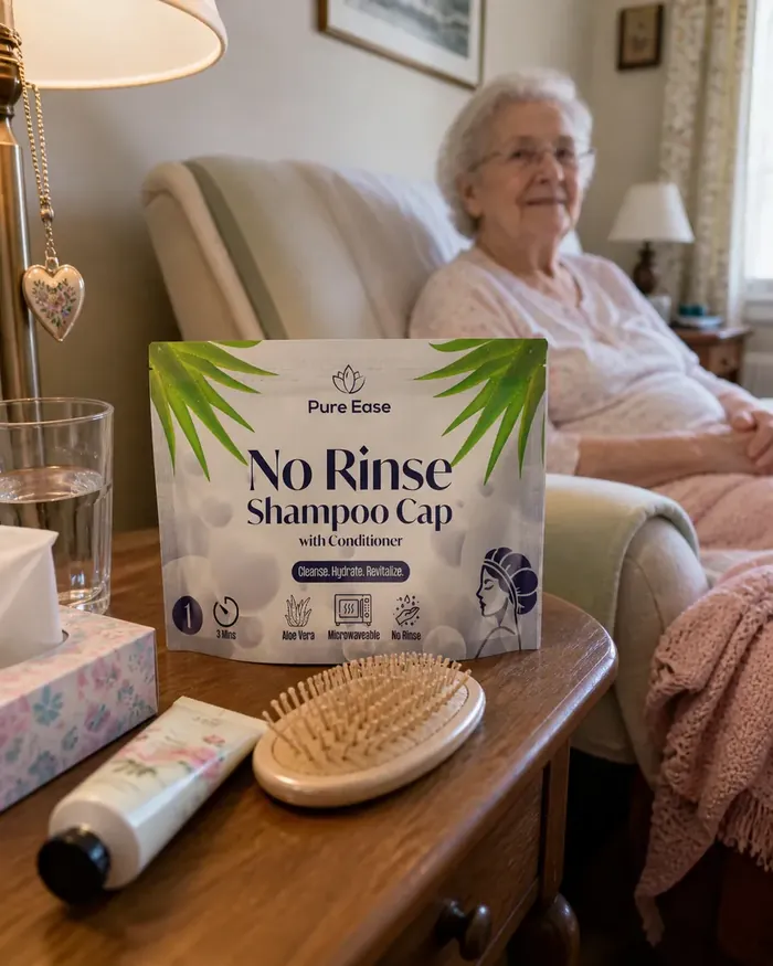 PureEase no-rinse shampoo cap pouch on a bedside table beside a hairbrush