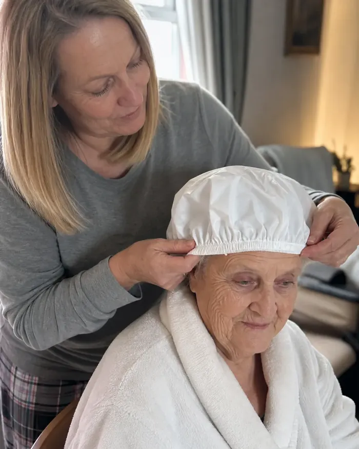 Carer gently placing a PureEase no-rinse shampoo cap onto her elderly mother's head