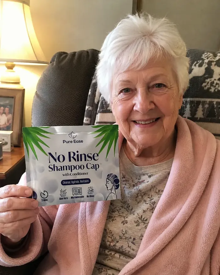 Smiling elderly lady in her armchair holding a PureEase no-rinse shampoo cap